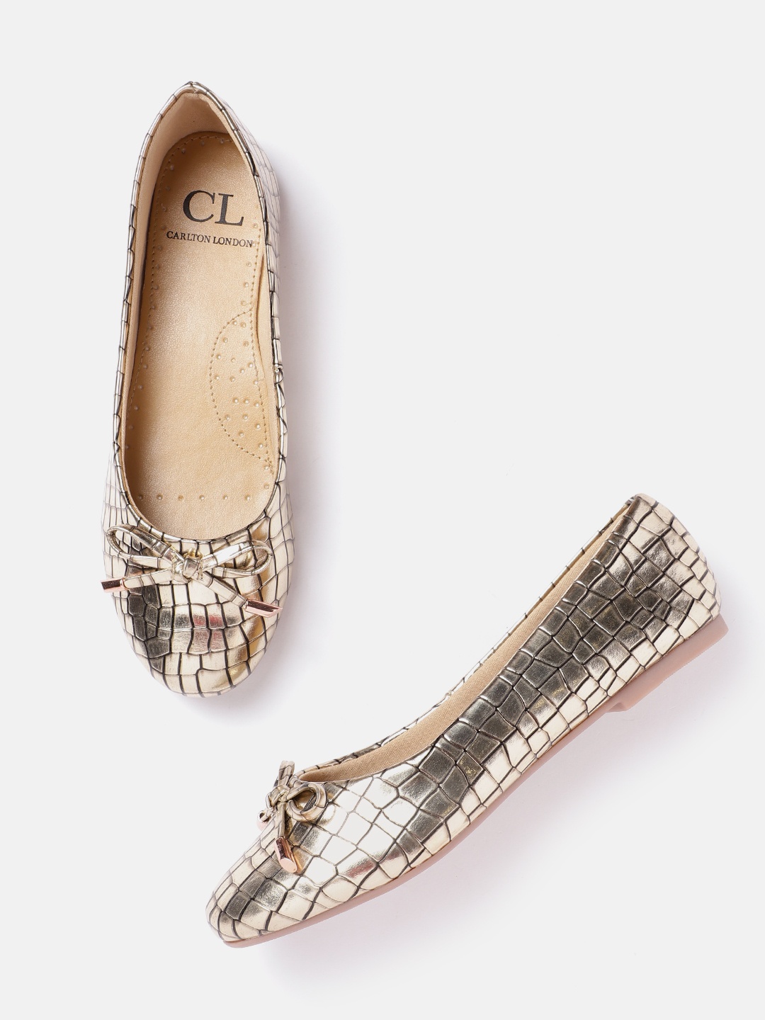 

Carlton London Women Croc Textured Ballerinas with Bows Detail, Gold