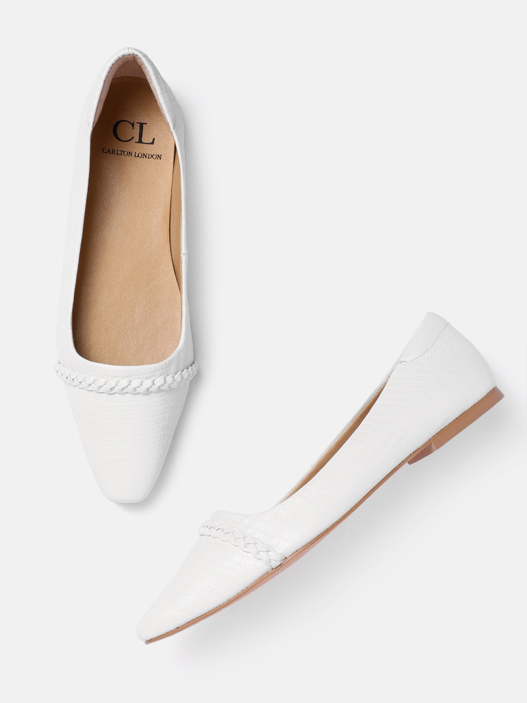 

Carlton London Women Reptile Textured Ballerinas with Braided Detail, White