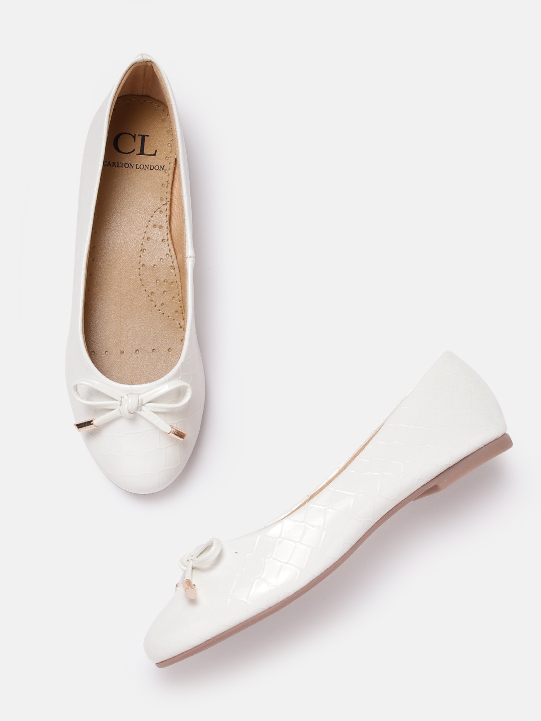 

Carlton London Women Croc Textured Ballerinas with Bows Detail, White