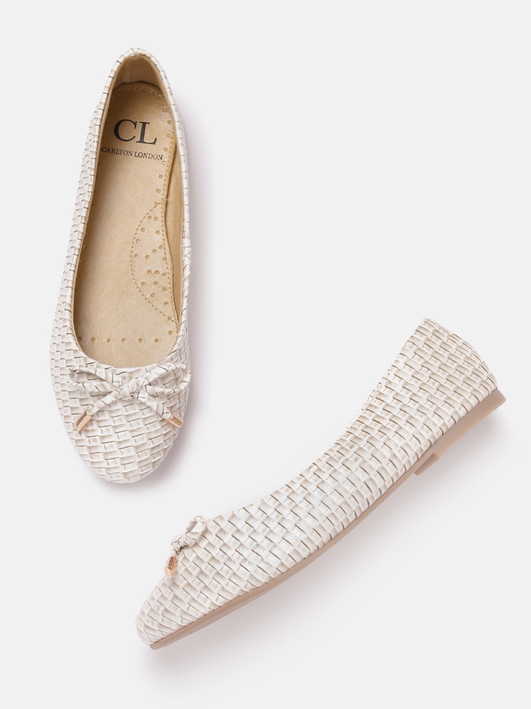 

Carlton London Women Basketweave Textured Ballerinas with Bow Detail, Off white