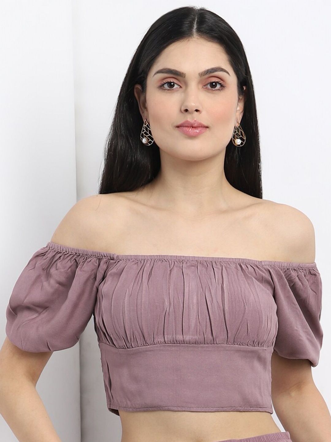 

MKOAL Off-Shoulder Puff Sleeves Smocking Bardot Crop Top, Purple