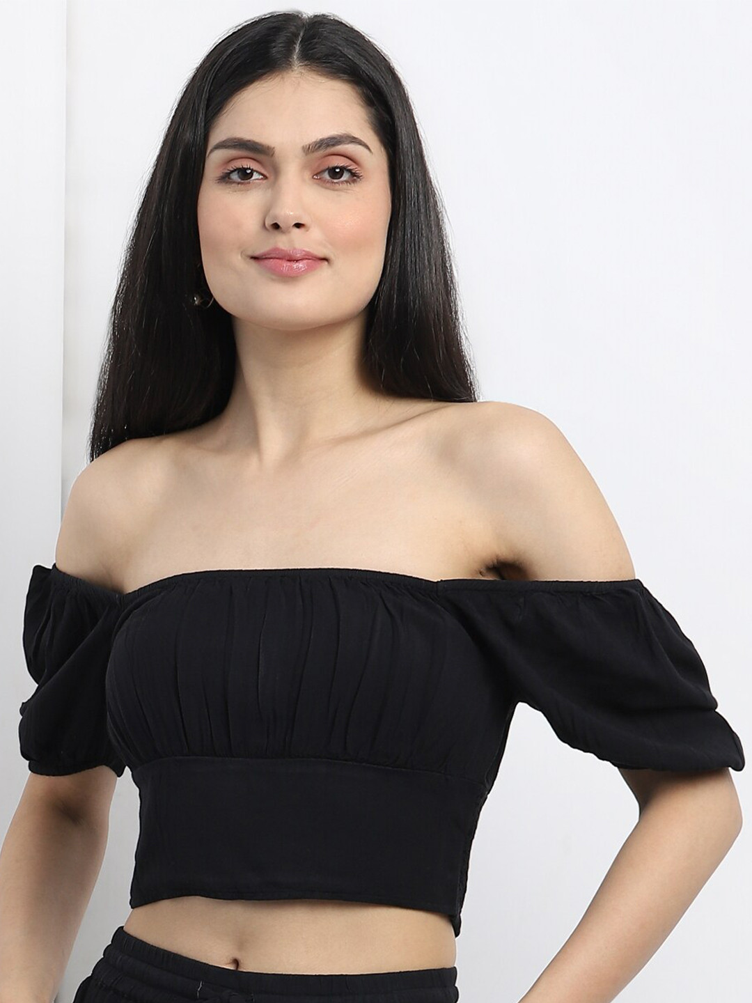 

MKOAL Square Neck Puff Sleeves Fitted Crop Top, Black