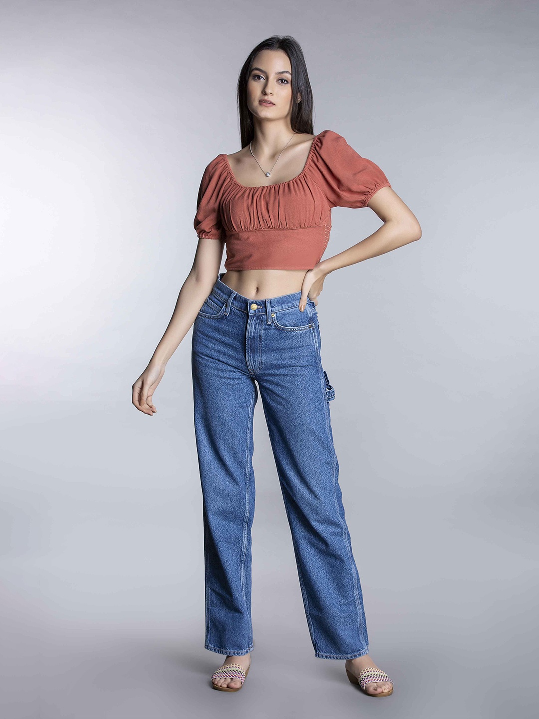 

MKOAL Scoop Neck Puff Sleeves Smocking Bardot Crop Top, Copper