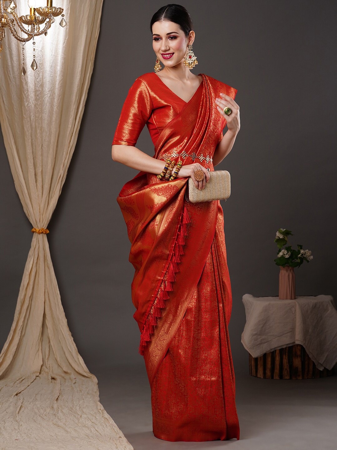 

Anouk Red & Gold-Toned Woven Design Zari Kanjeevaram Saree