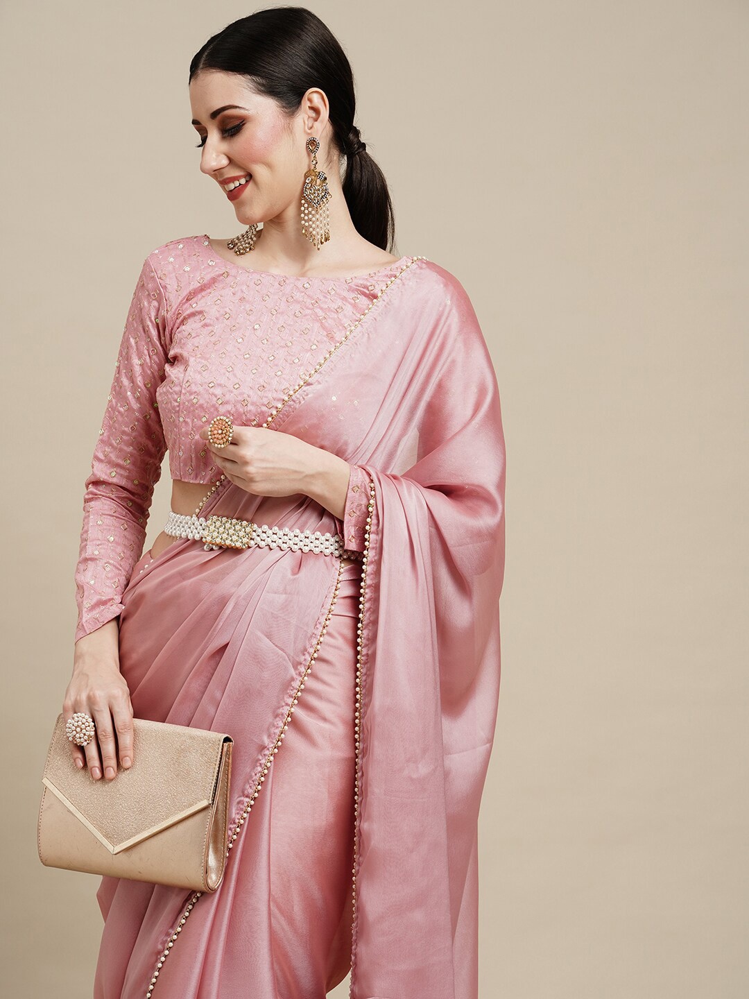 

Anouk Pink & Gold-Toned Embellished Pure Georgette Saree