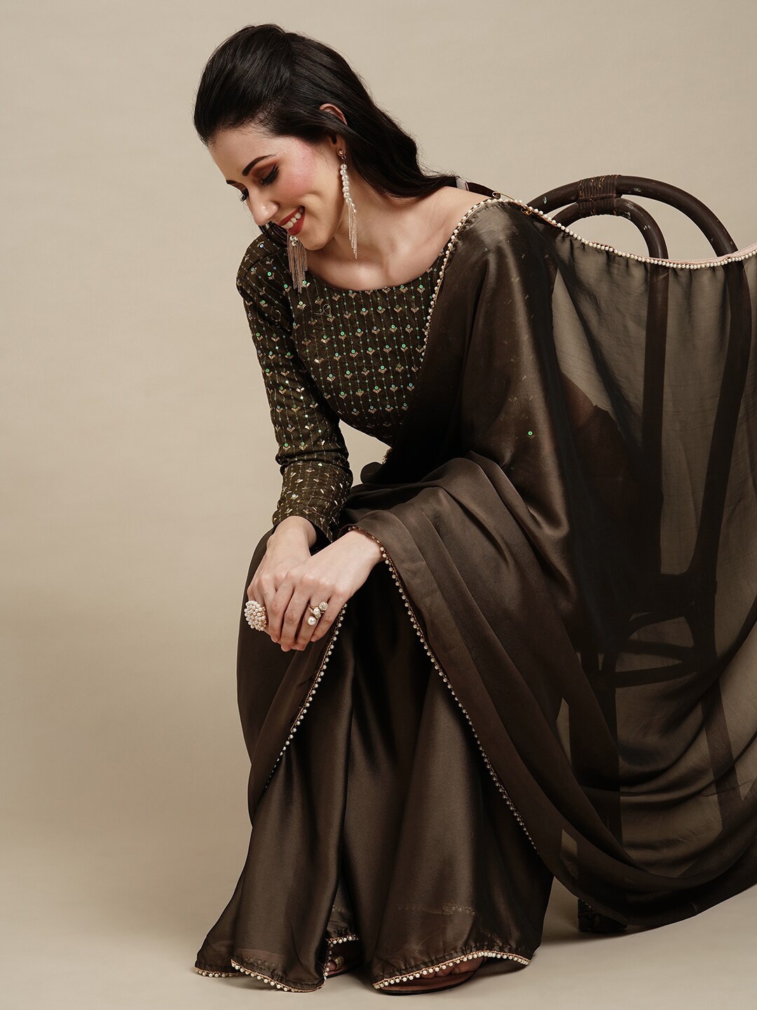 

Anouk Olive Green & Gold-Toned Embellished Pure Georgette Saree