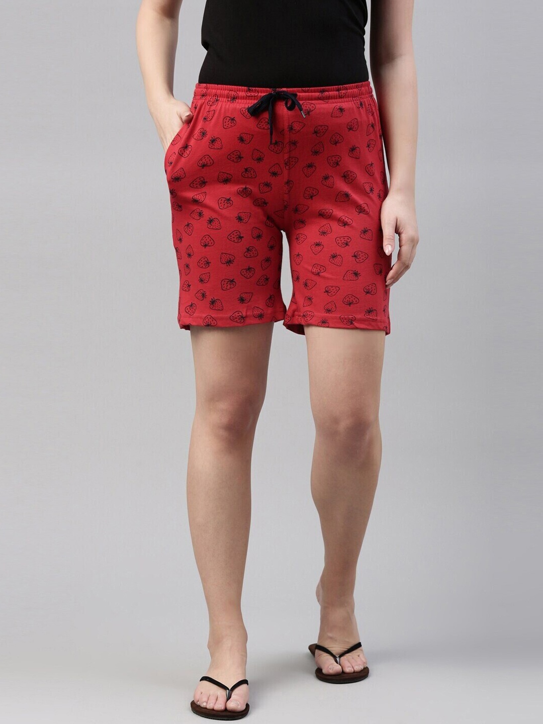 

Kryptic Women Conversational Printed Slim Fit Pure Cotton Lounge Shorts, Red