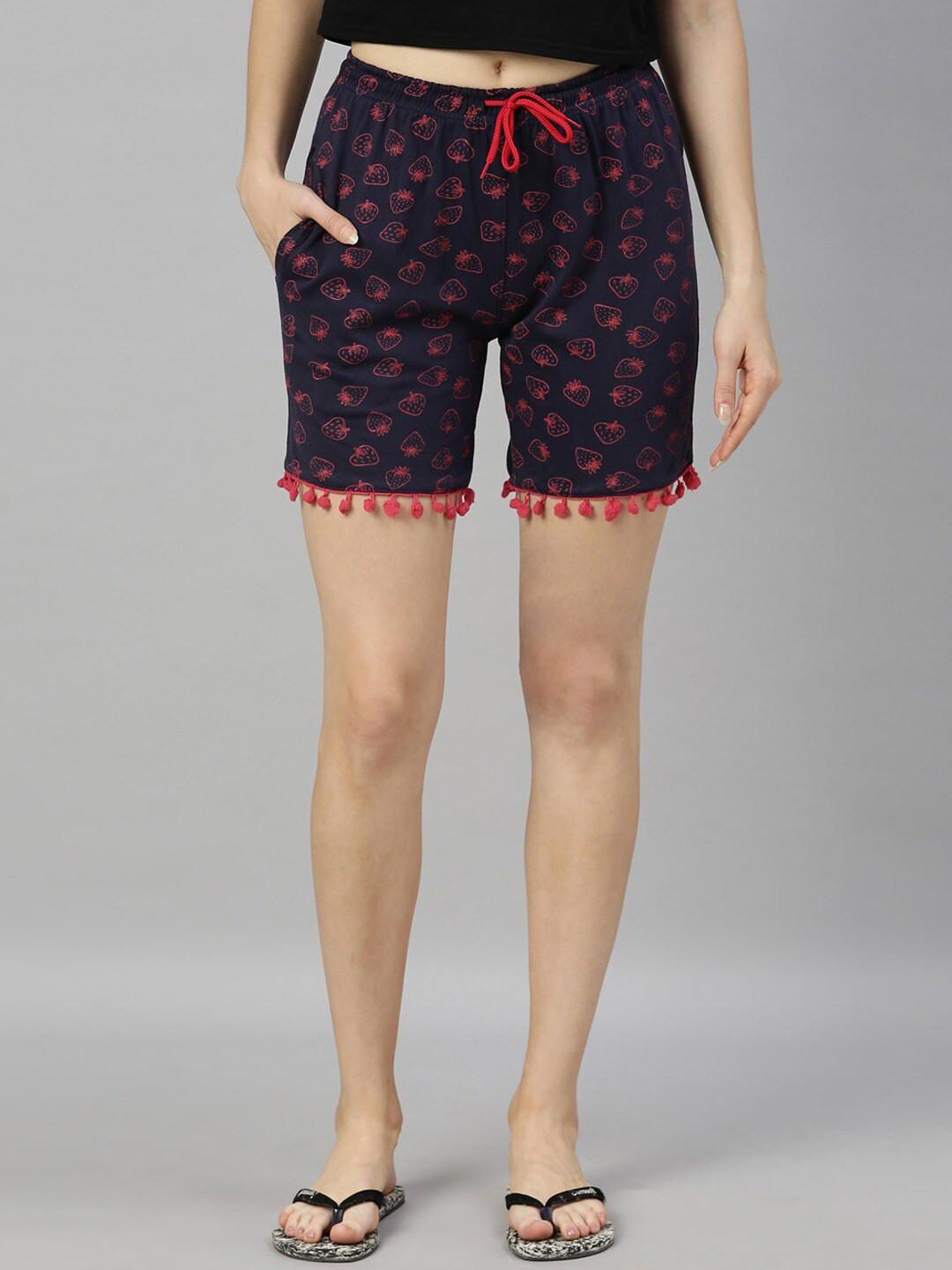 

Kryptic Women Conversational Printed Slim Fit Pure Cotton Lounge Shorts, Navy blue