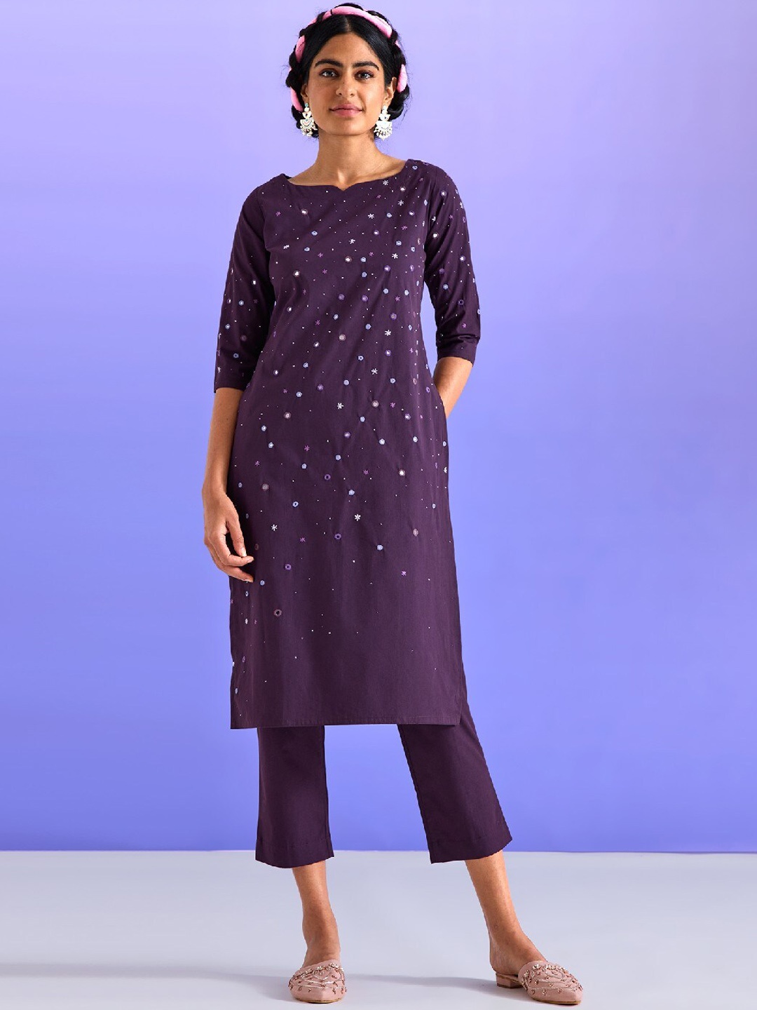 

OKHAI Floral Embroidered Mirror Work Pure Cotton Kurta with Trousers, Purple