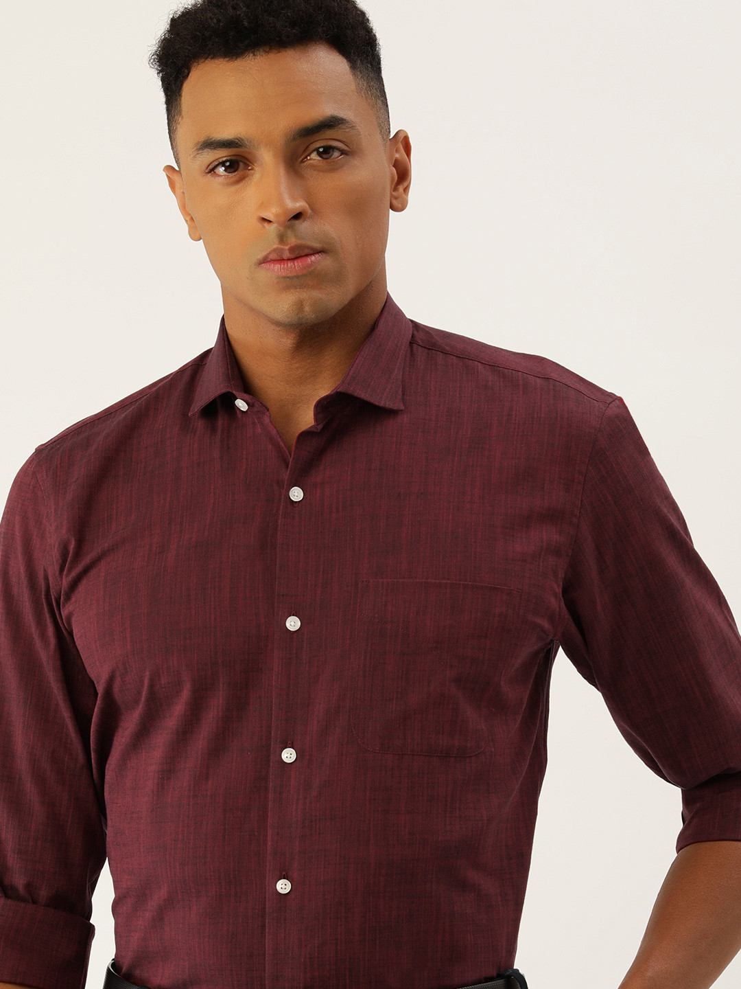 

Peter England Slim Fit Micro Textured Opaque Self Design Pure Cotton Formal Shirt, Maroon