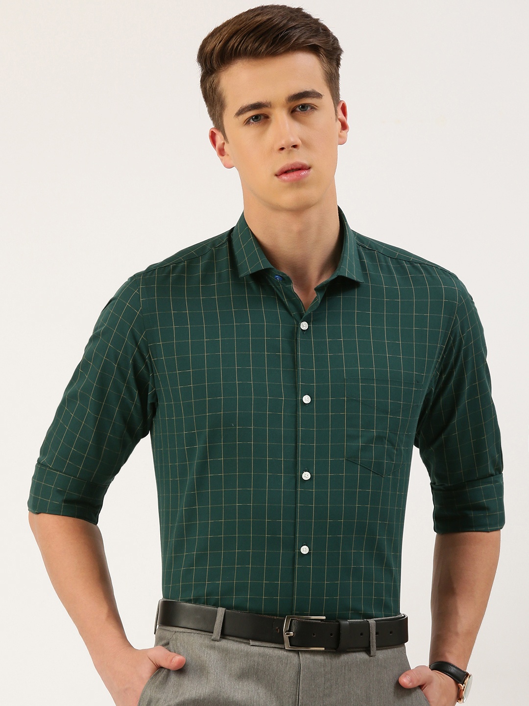 

Peter England Men Slim Fit Opaque Checked Formal Shirt, Teal