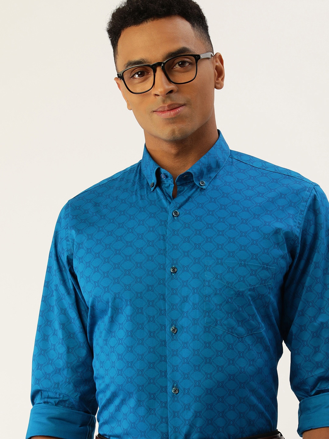 

Peter England Slim Fit Ethnic Motifs Opaque Printed Pure Cotton Formal Shirt, Blue