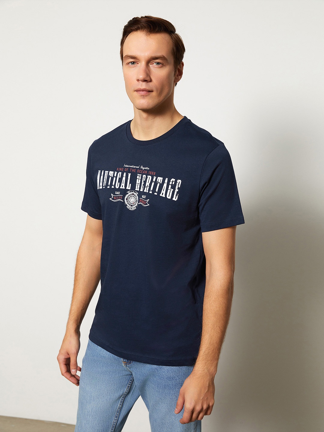 

LC Waikiki Typography Printed Pure Cotton T-shirt, Navy blue