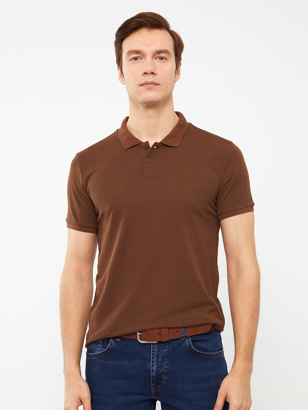 

LC Waikiki Men Self Design Polo Collar Slim Fit T-shirt, Brown