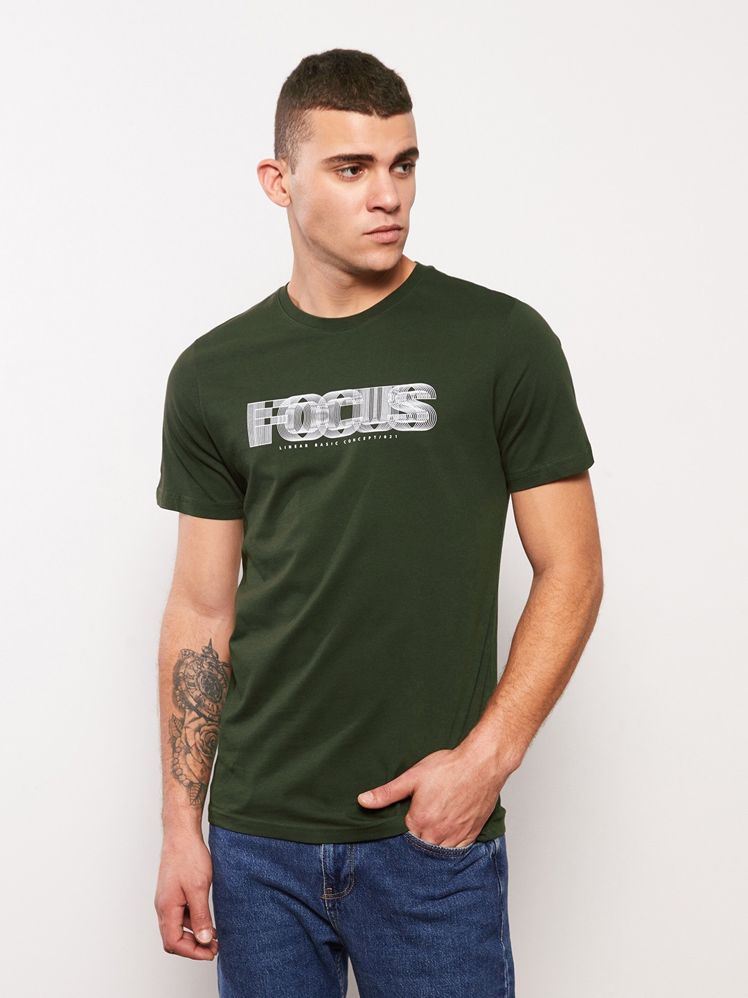 

LC Waikiki Men Typography Printed Pure Cotton T-shirt, Olive