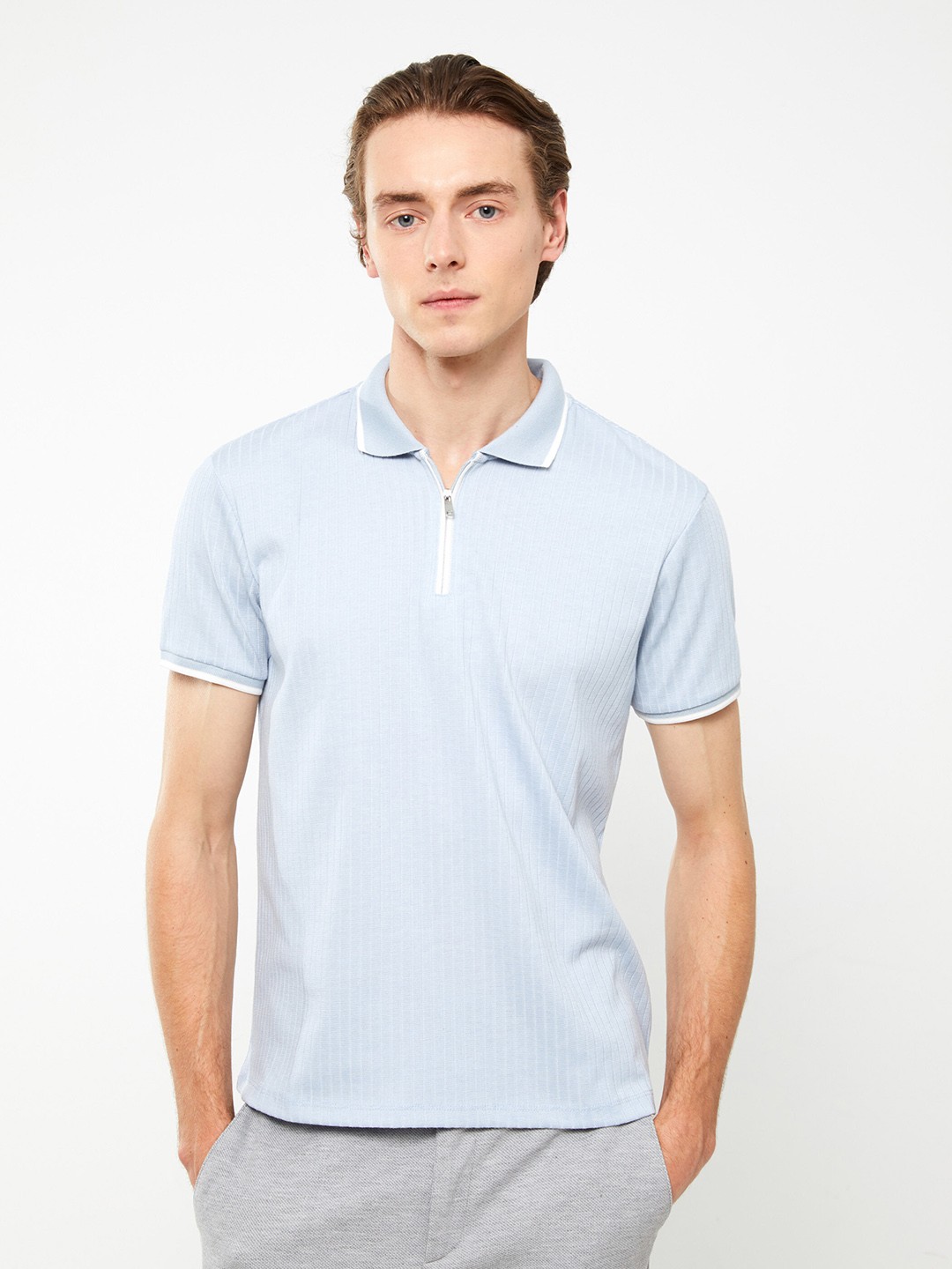 

LC Waikiki Men Self-Striped Polo Collar T-shirt, Blue
