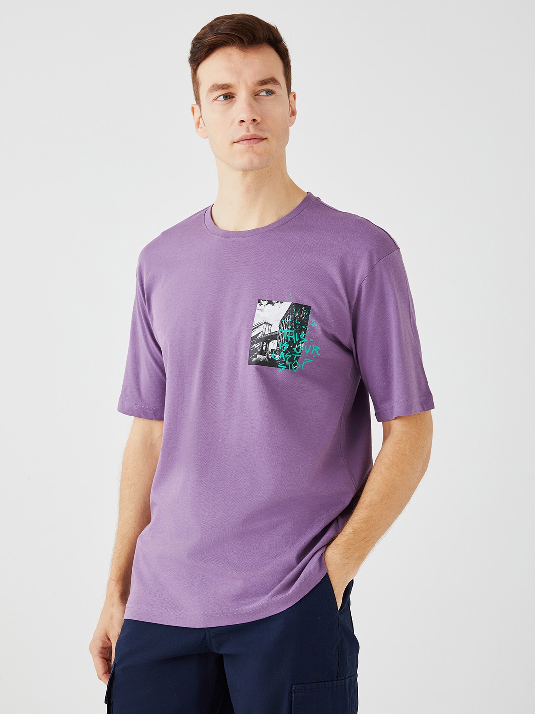 

LC Waikiki Printed Pure Cotton T-shirt, Purple