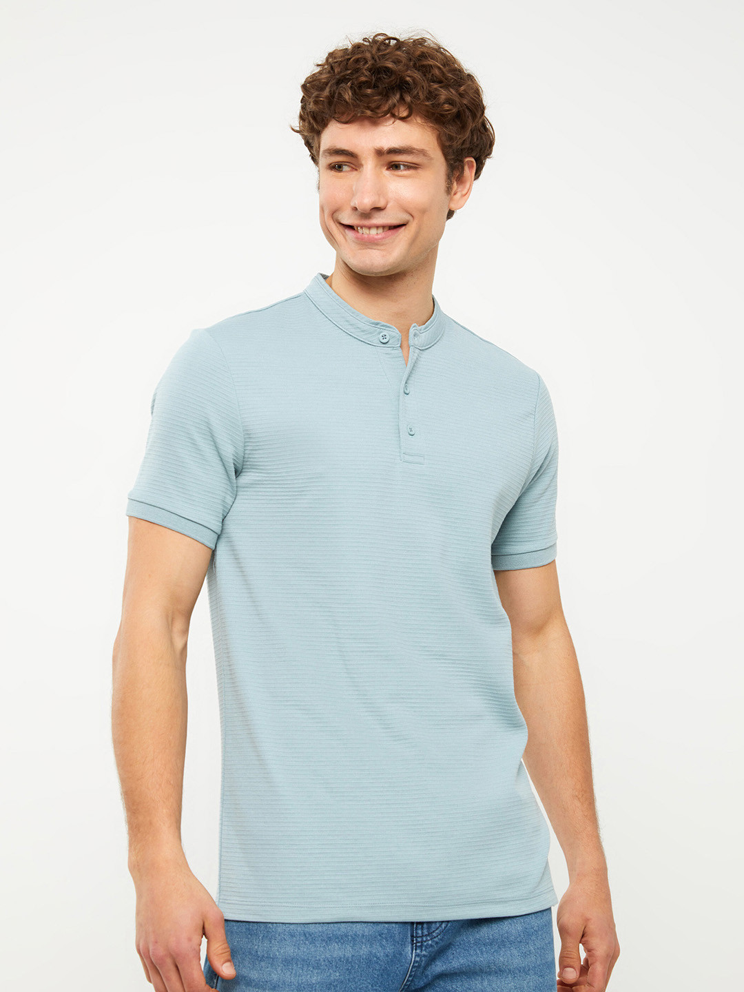 

LC Waikiki Textured Mandarin Collar Slim Fit T-shirt, Blue