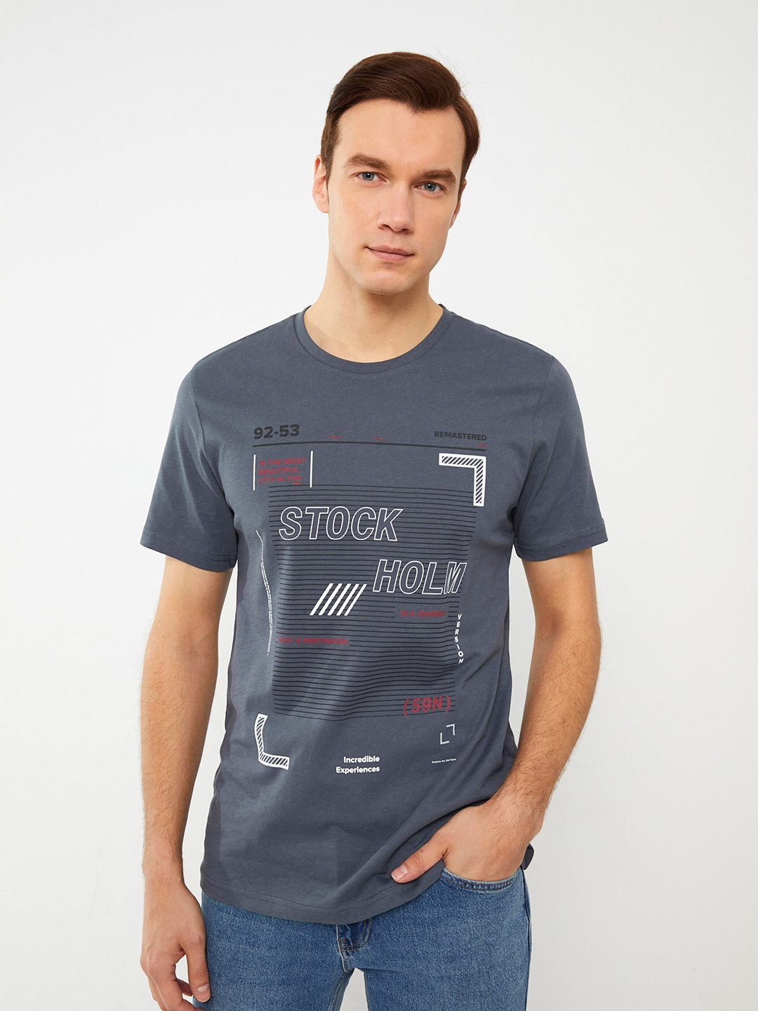 LC Waikiki Typography Printed Pure Cotton T-shirt, Charcoal