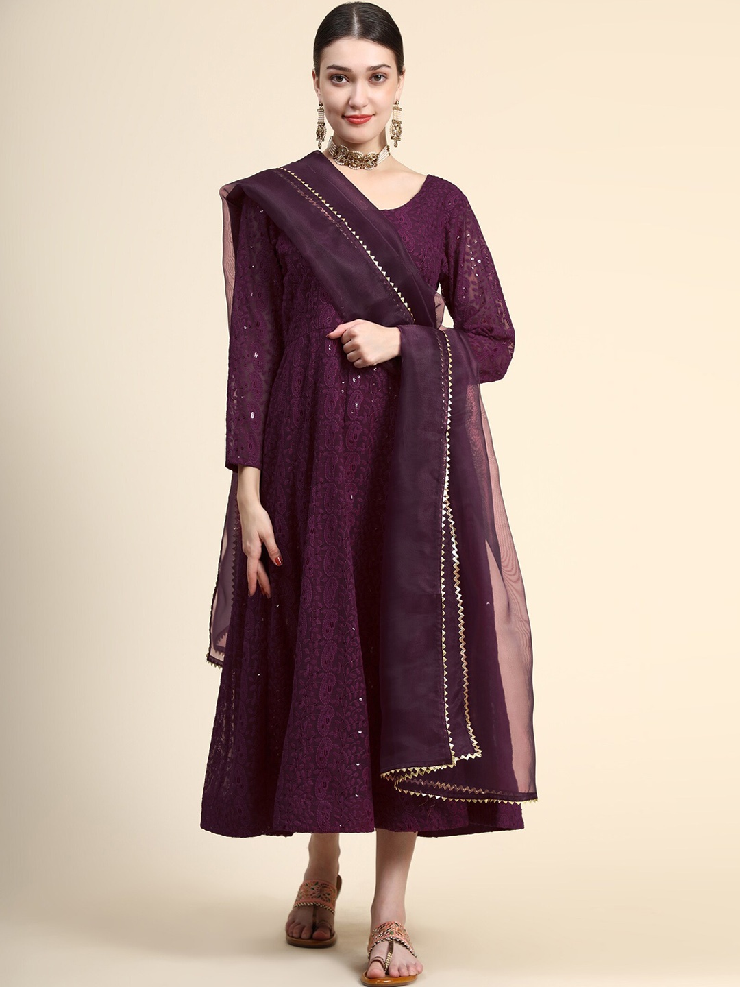 

KALINI Chikankari Sequin Ethnic A-Line Dress With Embellished Dupatta, Purple