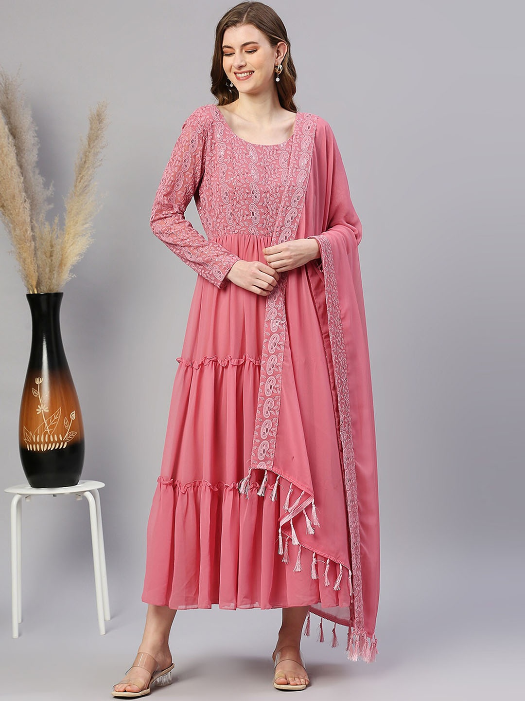 

KALINI Embroidered Ethnic Dress With Dupatta, Pink