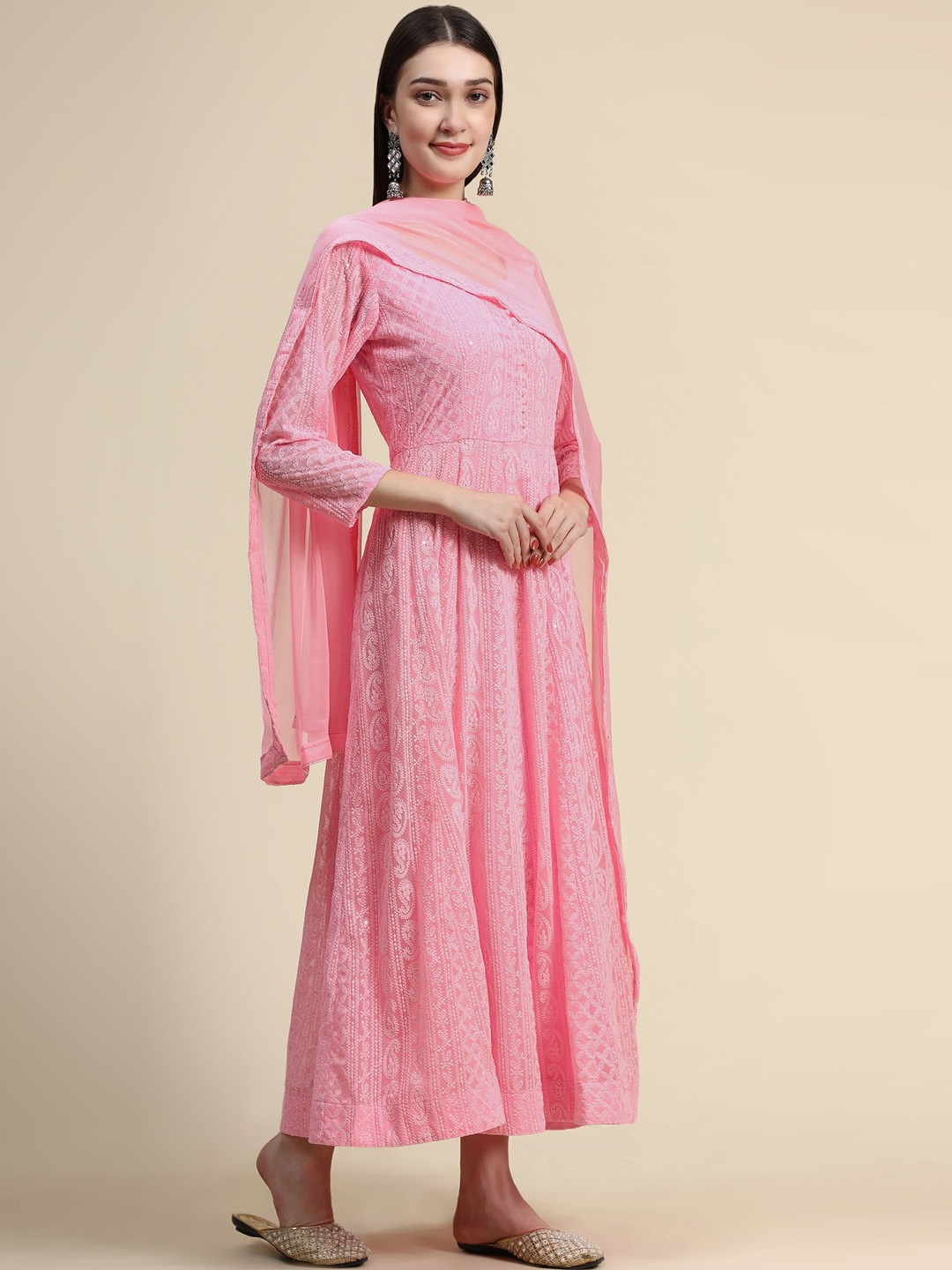 

KALINI Embroidered Fit & Flared Anarkali Gown With Dupatta, Pink