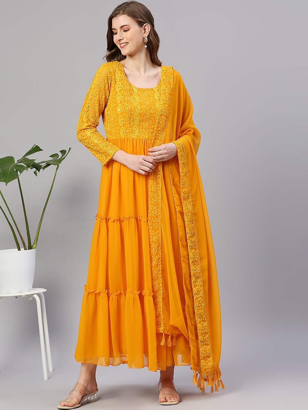 

KALINI Embroidered Sequinned Tiered Ethnic Dress With Dupatta, Mustard