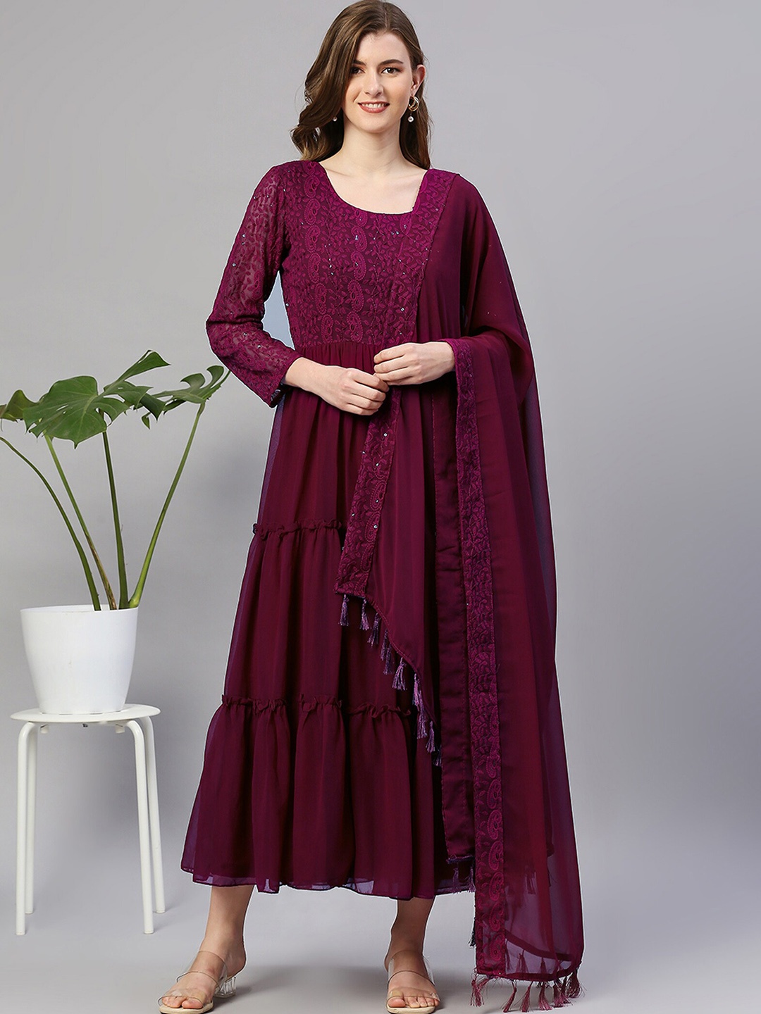 

KALINI Embroidered Sequinned Tiered Ethnic Dress With Dupatta, Purple