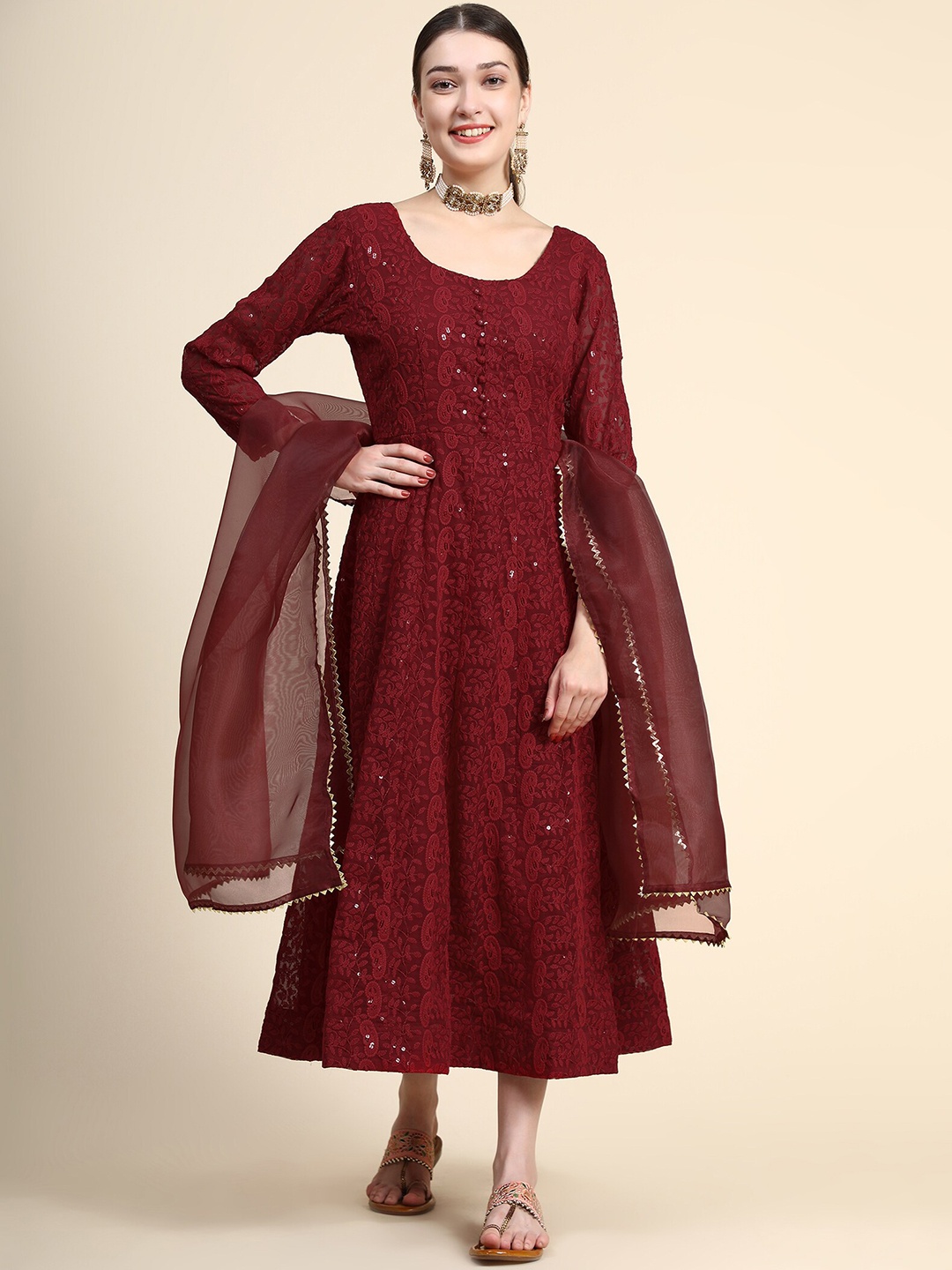 

KALINI Women Embroidered Sequinned Fit & Flare Ethnic Dress With Dupatta, Maroon