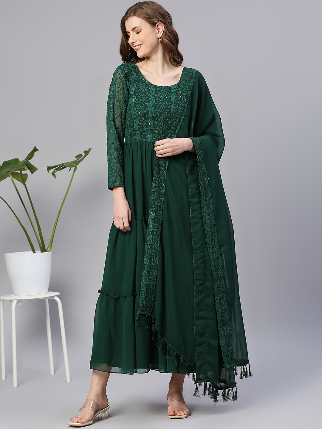 

KALINI Embroidered Sequinned Tiered Ethnic Dress With Dupatta, Green