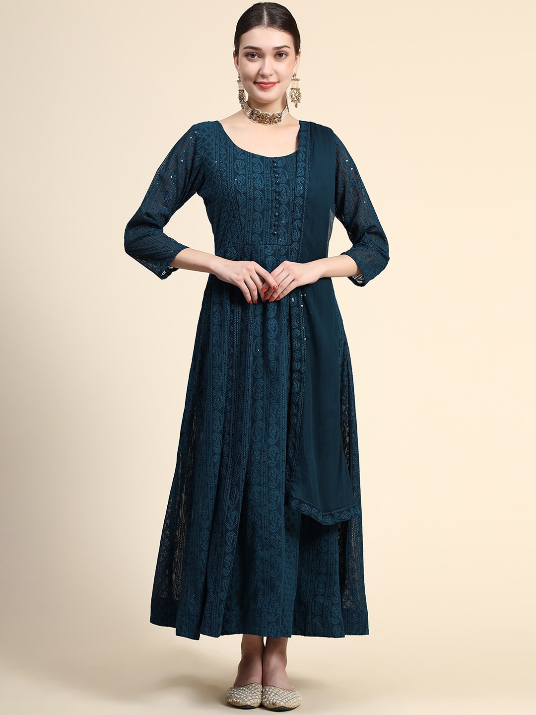 

KALINI Women Embroidered Sequinned Fit & Flare Ethnic Dress With Dupatta, Teal