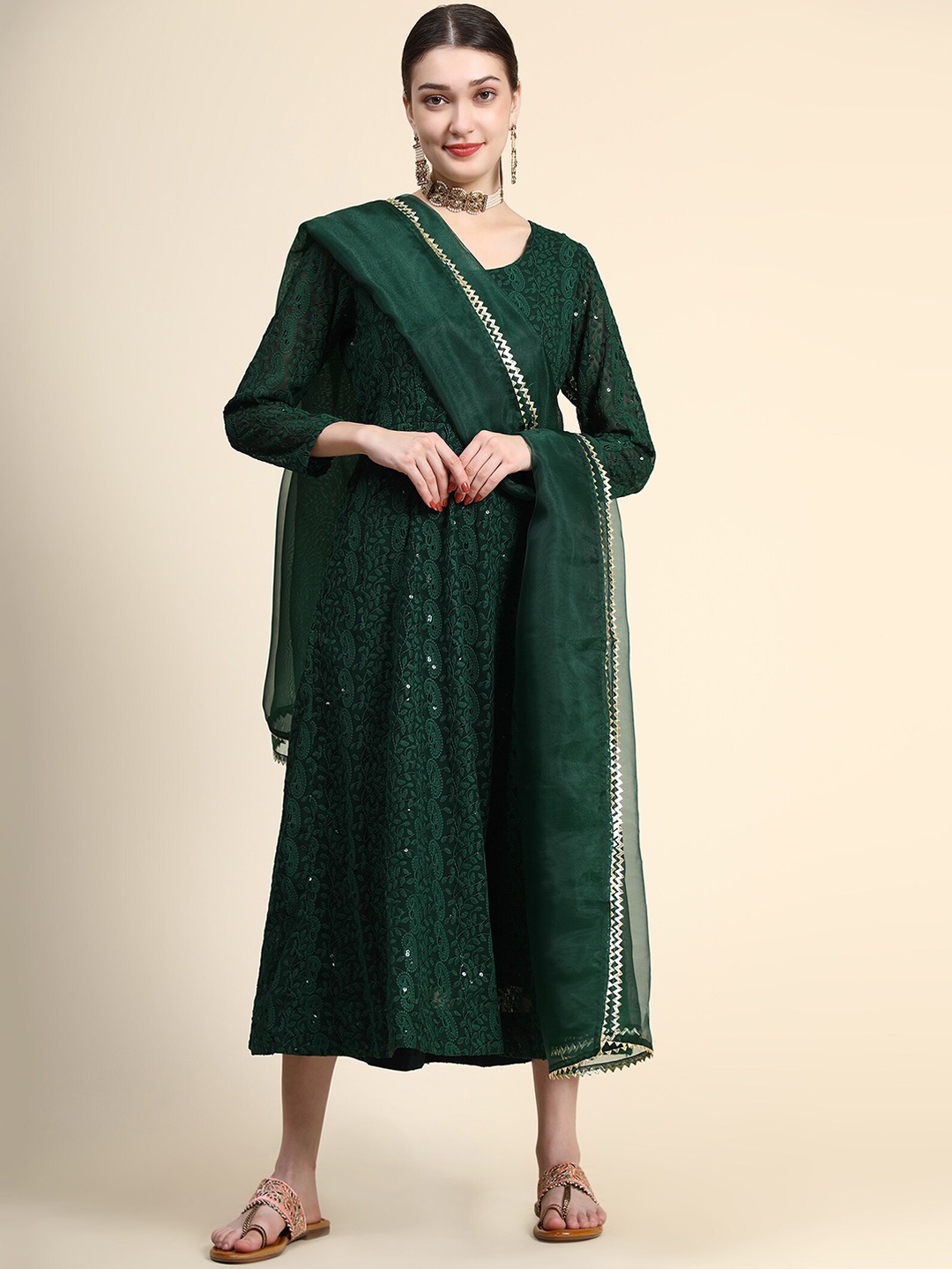 

KALINI Women Embroidered Sequinned Fit & Flare Ethnic Dress With Dupatta, Green
