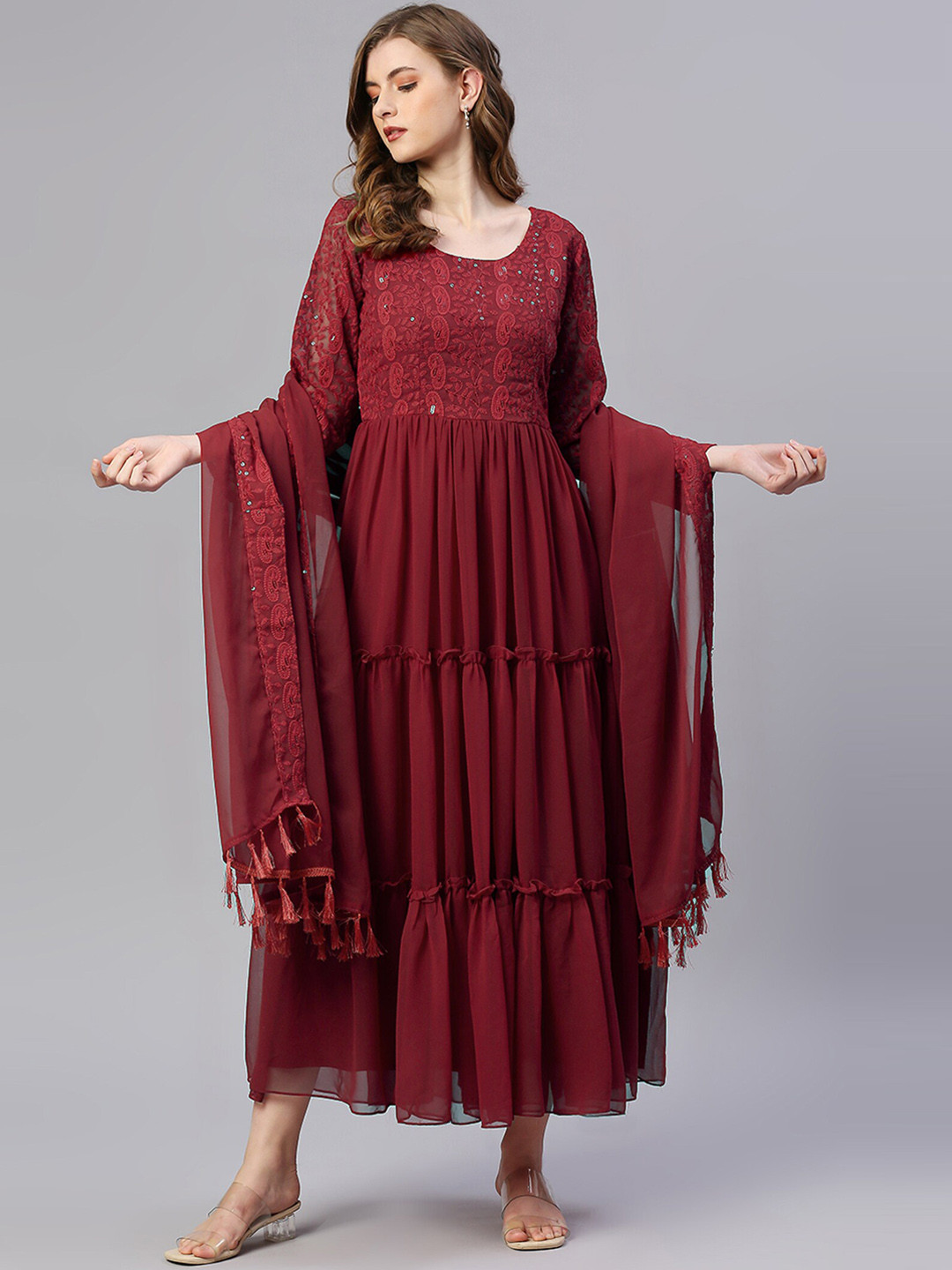 

KALINI Embroidered Sequinned Tiered Fit & Flare Ethnic Dress With Dupatta, Maroon