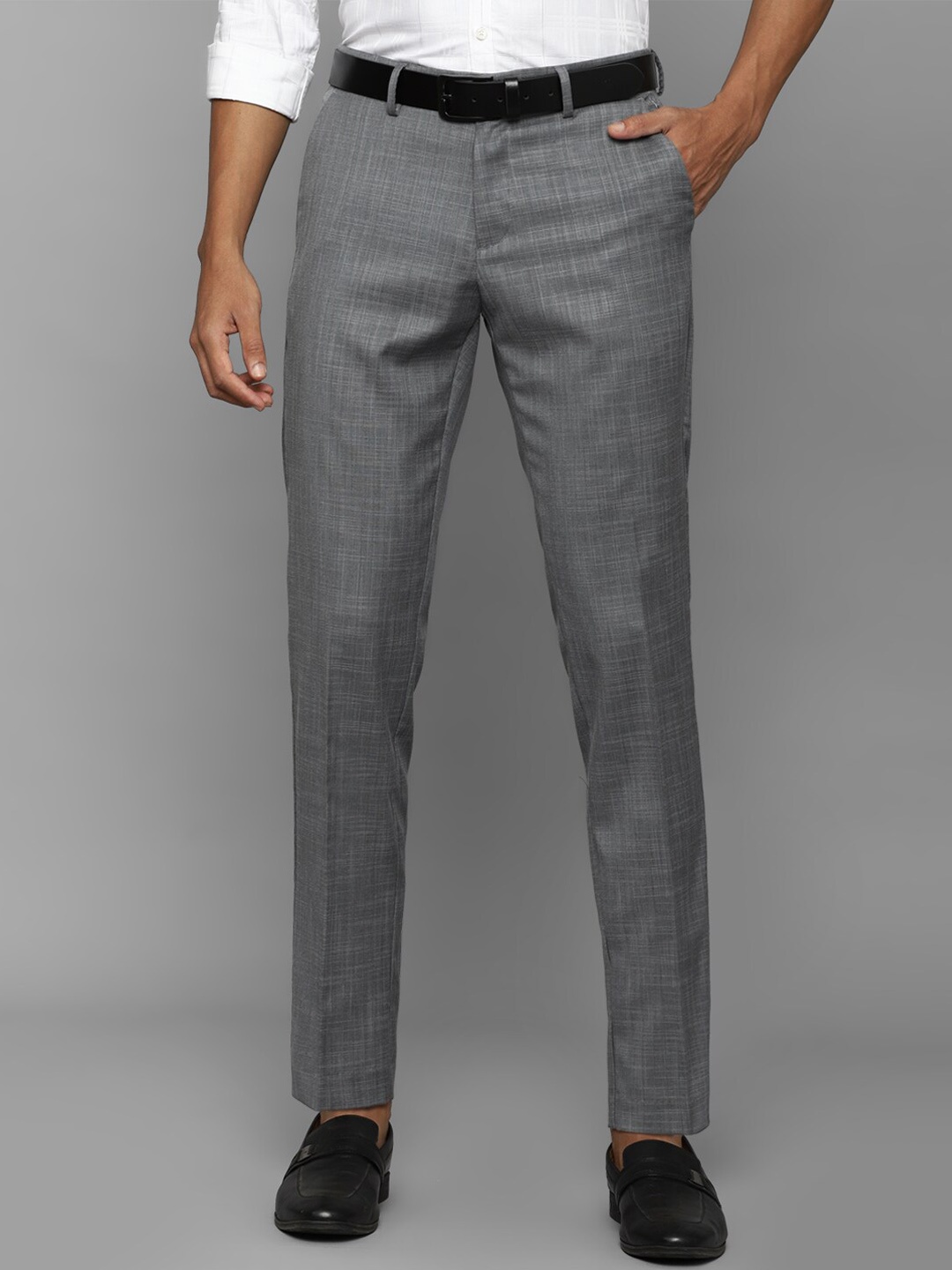 

Allen Solly Men Self Design Mid-Rise Slim Fit Plain Formal Trousers, Grey