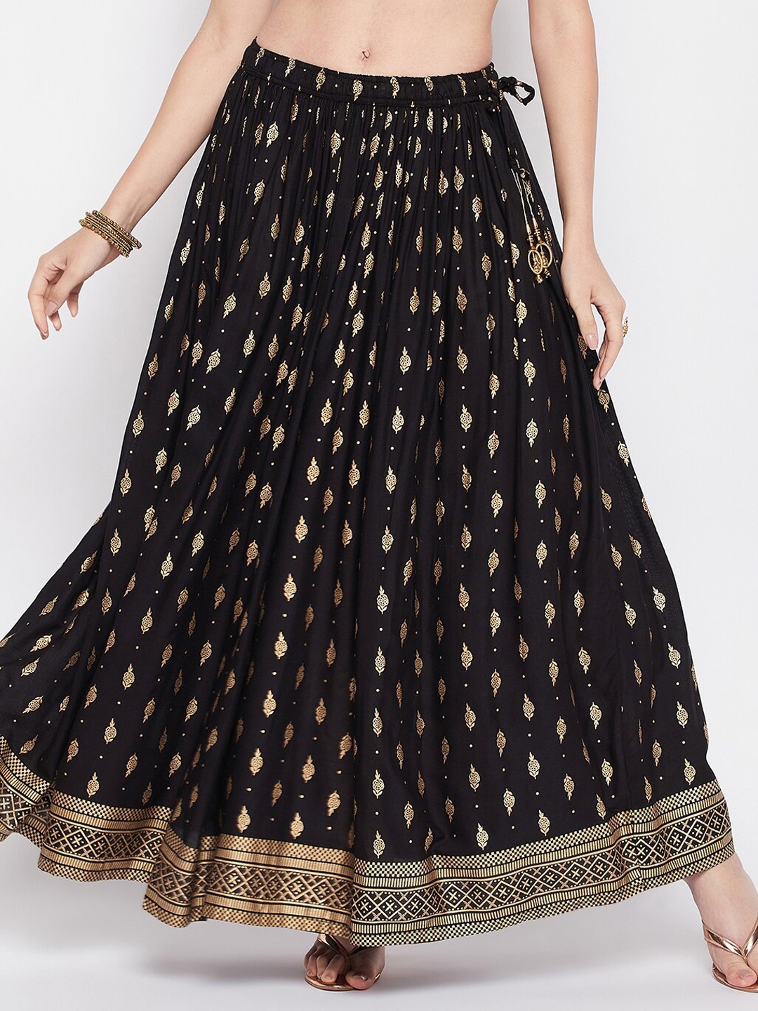 

Clora Creation Ethnic Motifs Printed Flared Maxi Skirt, Black