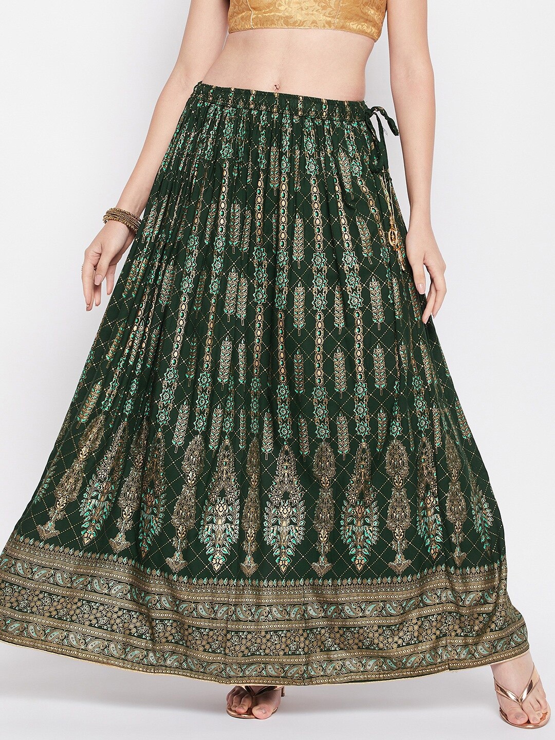 

Clora Creation Ethnic Foil Print Gathered Or Pleated Flared Maxi Skirt, Green