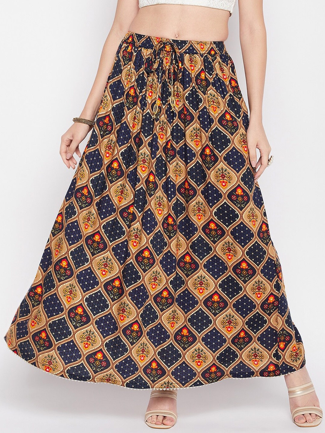 

Clora Creation Printed Flared Maxi Skirt, Navy blue