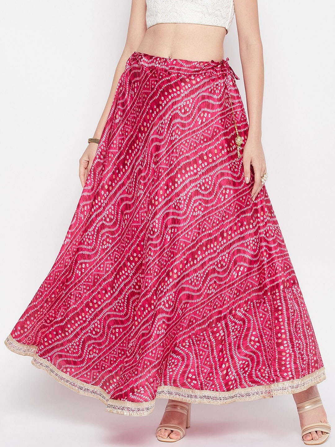 

Clora Creation Bandhani Print Flared Maxi Skirt With Gotta Patti Detail, Magenta