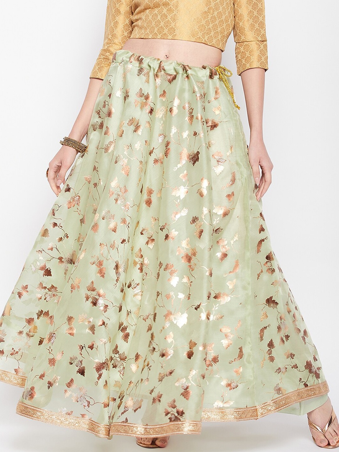 

Clora Floral Foil Print Gathered Or Pleated Flared Maxi Skirt, Green