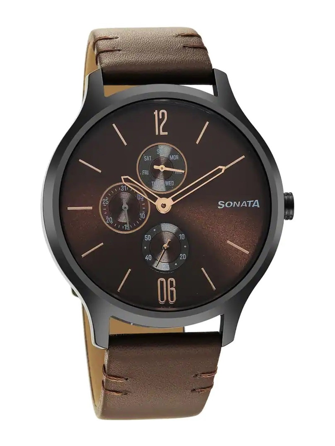 

Sonata Men Round Dial & Leather Straps Analogue Watch 7140NL03, Brown