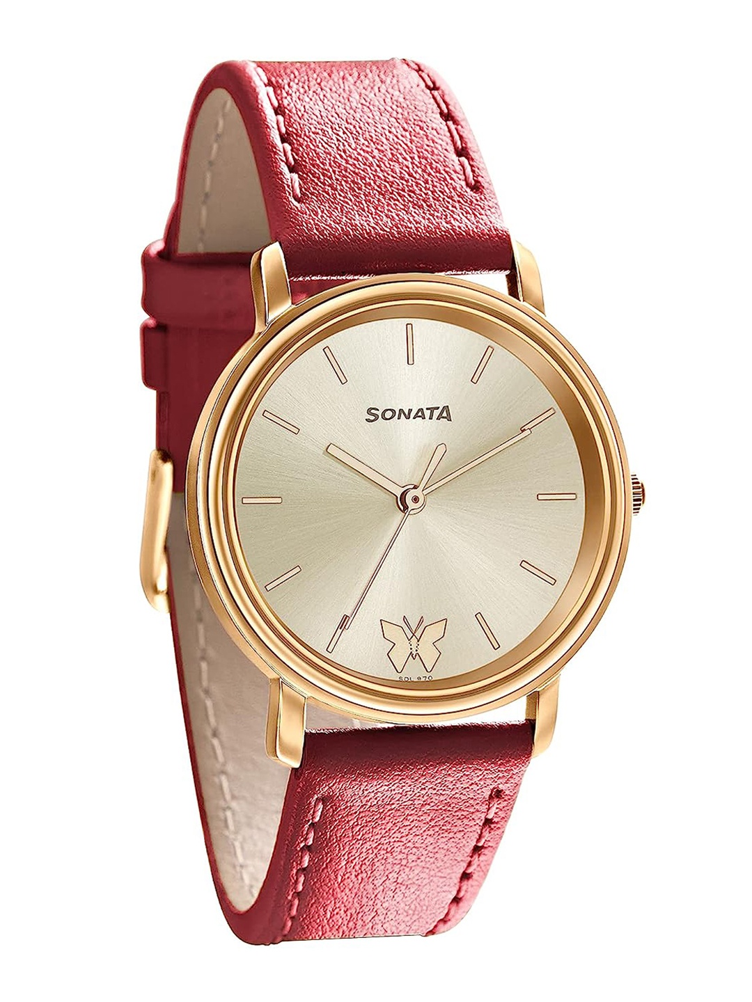 

Sonata Women Textured Leather Straps Analogue Watch 87029WL01, Red