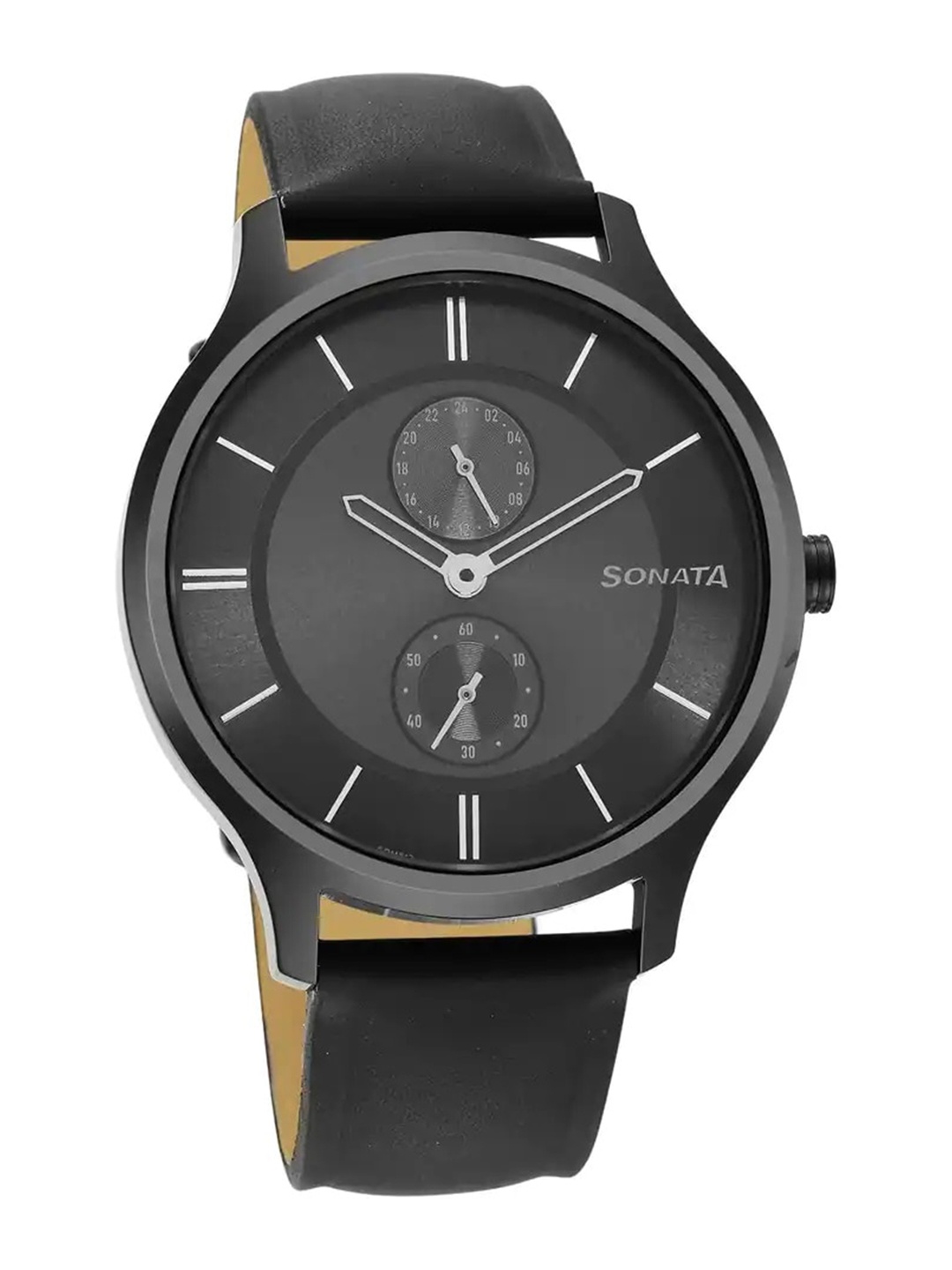 

Sonata Men Round Dial & Leather Straps Analogue Watch- 7140NL04, Black