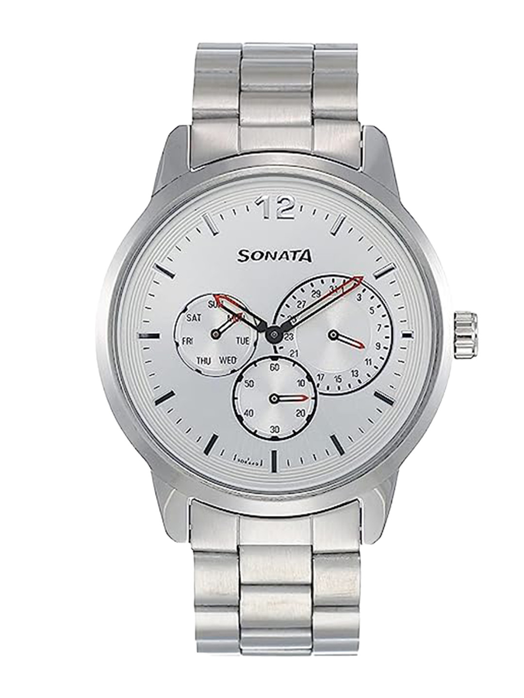 

Sonata Men Round Dial & Stainless Steel Bracelet Style Straps Analogue Watch- NP7139SM02, Silver