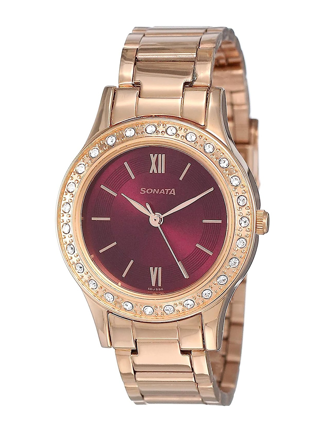 

Sonata Women Embellished Dial & Bracelet Style Straps Analogue Watch- NP8123WM02, Rose gold