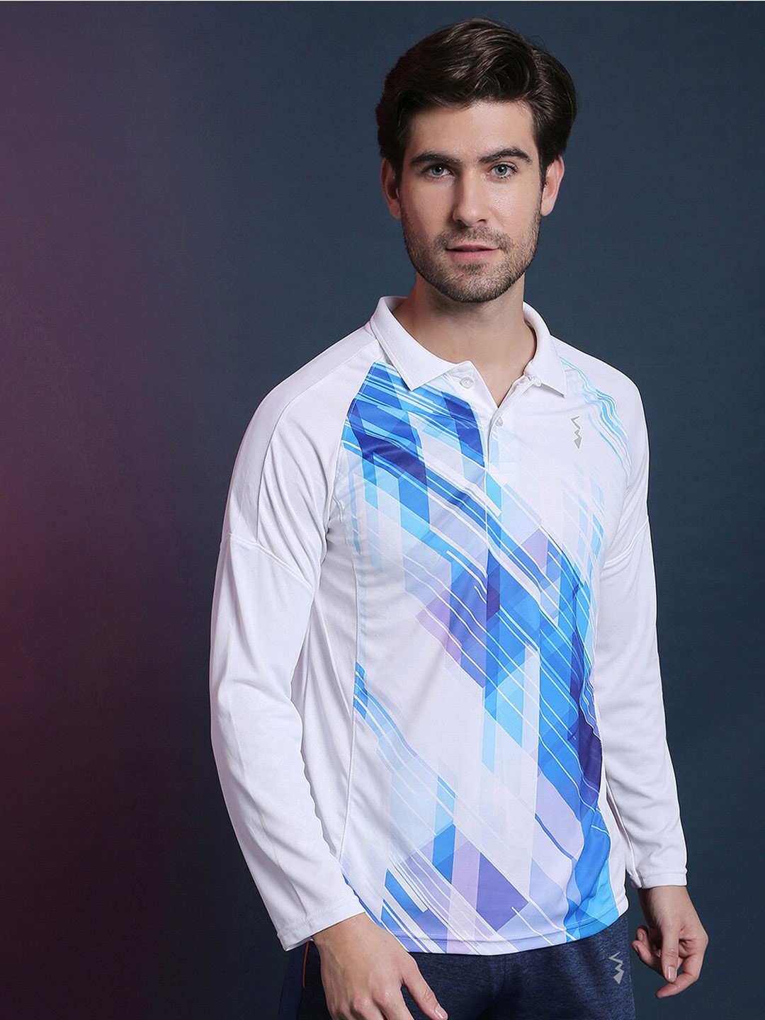 

Campus Sutra White Abstract Printed Dry-Fit Polo Collar Long Raglan Sleeves T-shirt