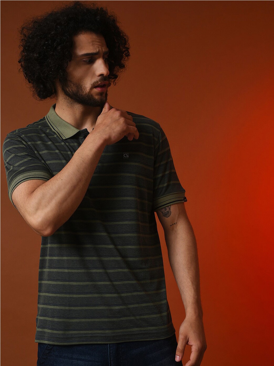 

Campus Sutra Striped Polo Collar Cotton T-shirt, Olive