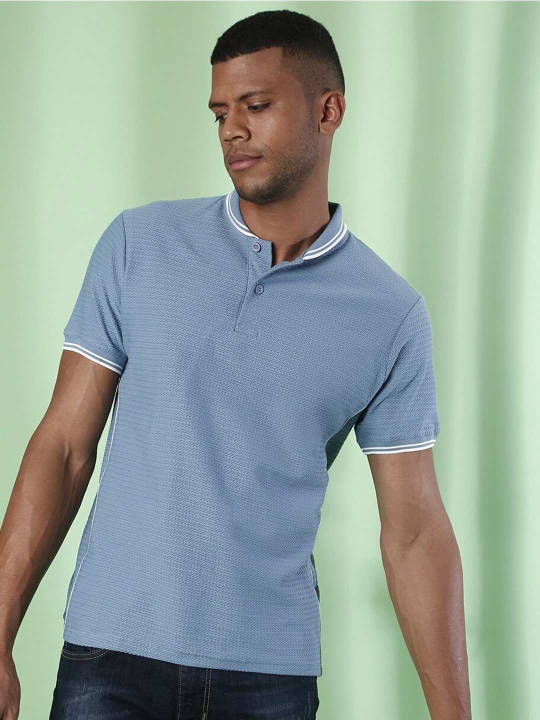 

Campus Sutra Self Design Short Sleeves Cotton T-shirt, Blue