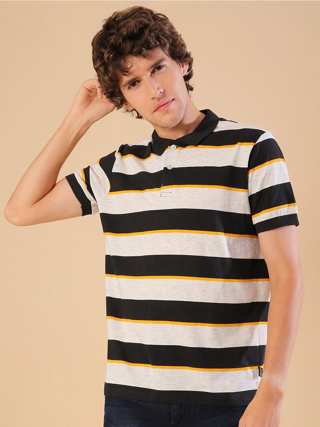 

Campus Sutra Off White Striped Polo Collar T-shirt