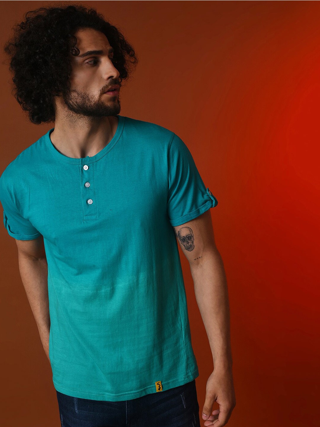 

Campus Sutra Henley Neck Short Sleeves Cotton T-shirt, Teal