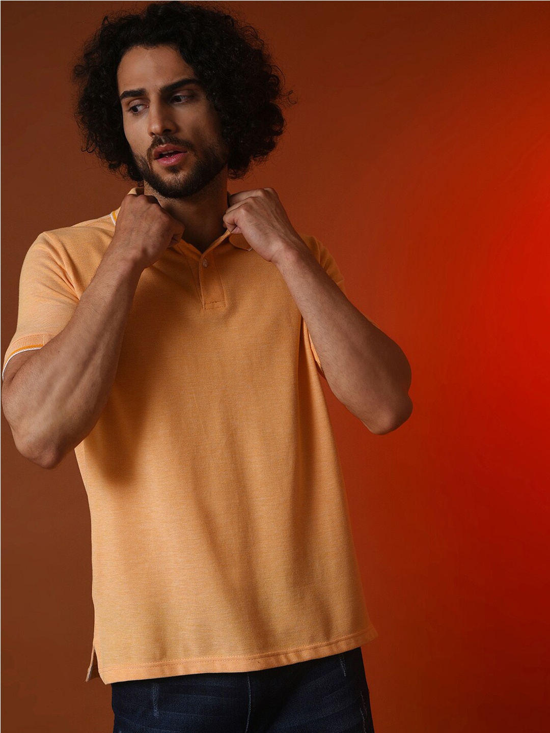 

Campus Sutra Mustard Yellow Polo Collar Casual Cotton T-shirt